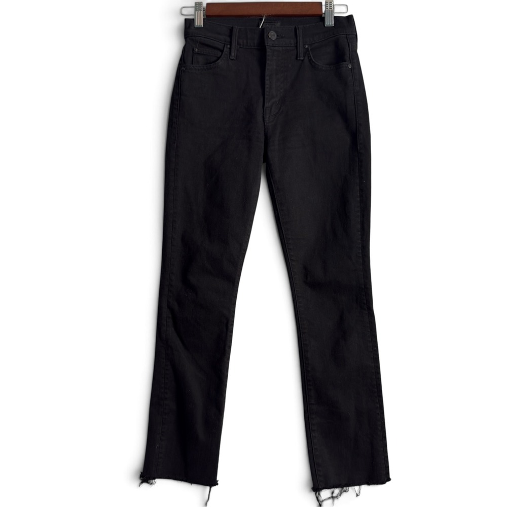 Mother The Rascal Ankle Fray Pitch Black Jeans Women 24 Raw Hem Slim Straight
